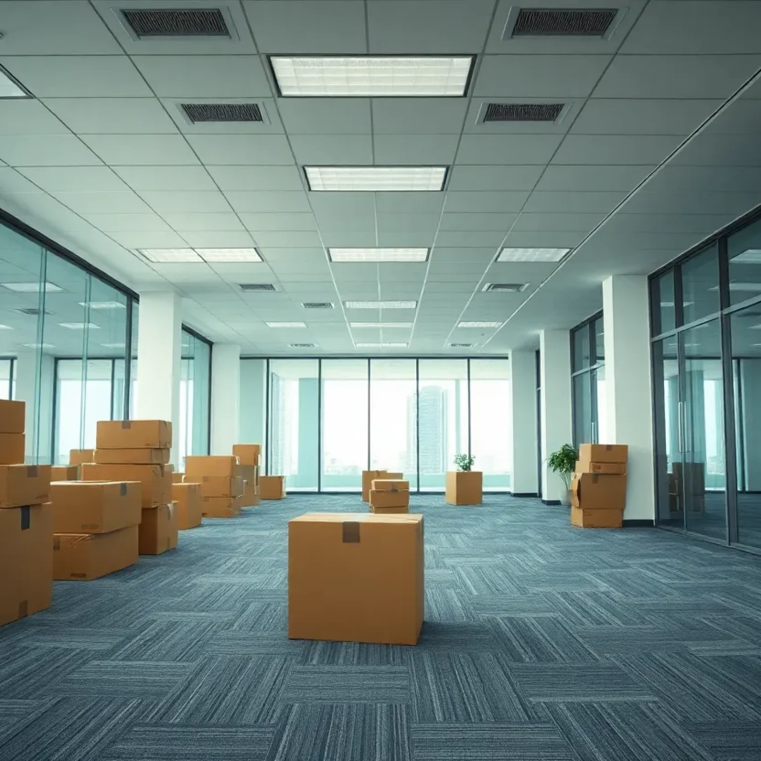An empty office space with boxes indicating layoffs at CSX Transportation