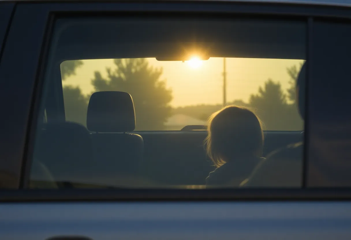 A parked vehicle under the sun with closed windows, illustrating heat hazards.