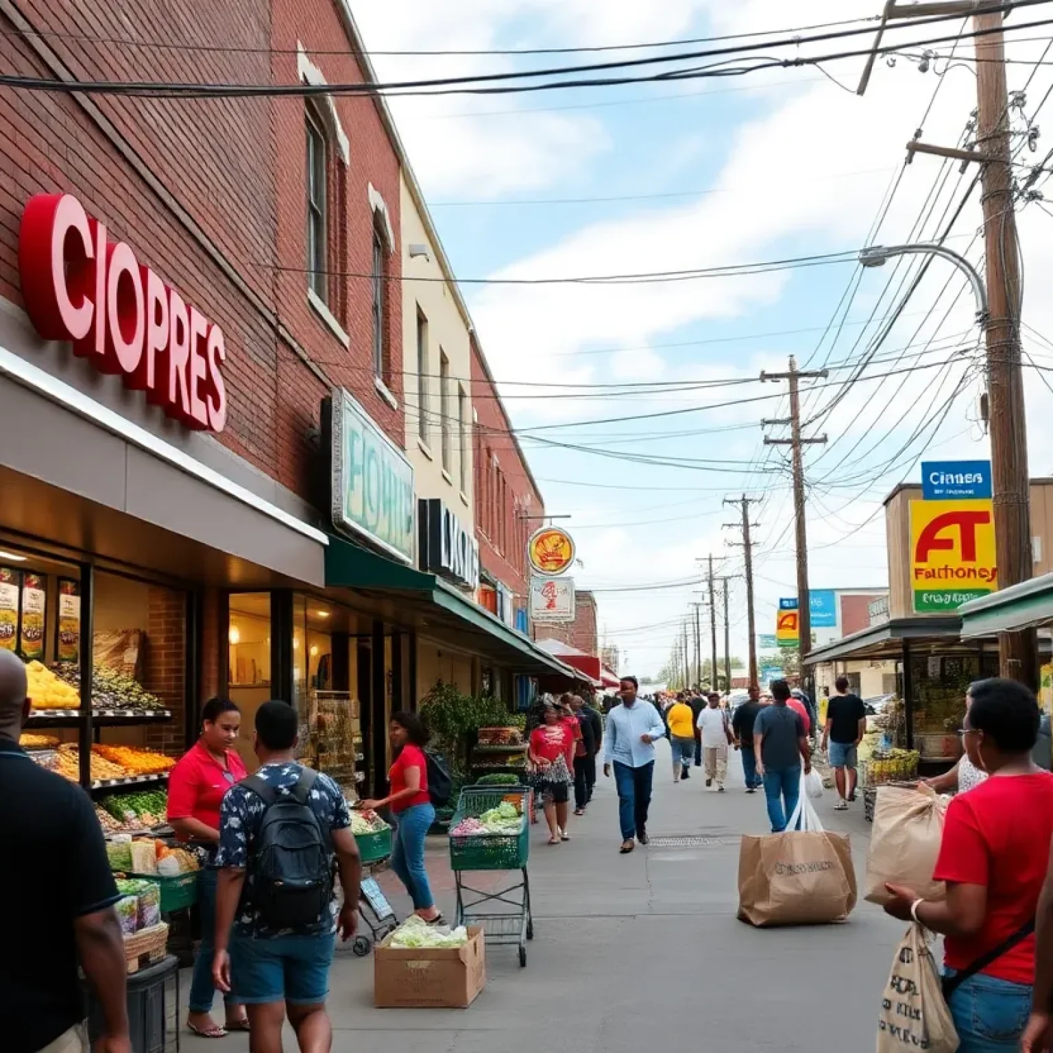Urban neighborhood in Jacksonville showing grocery stores and residents.