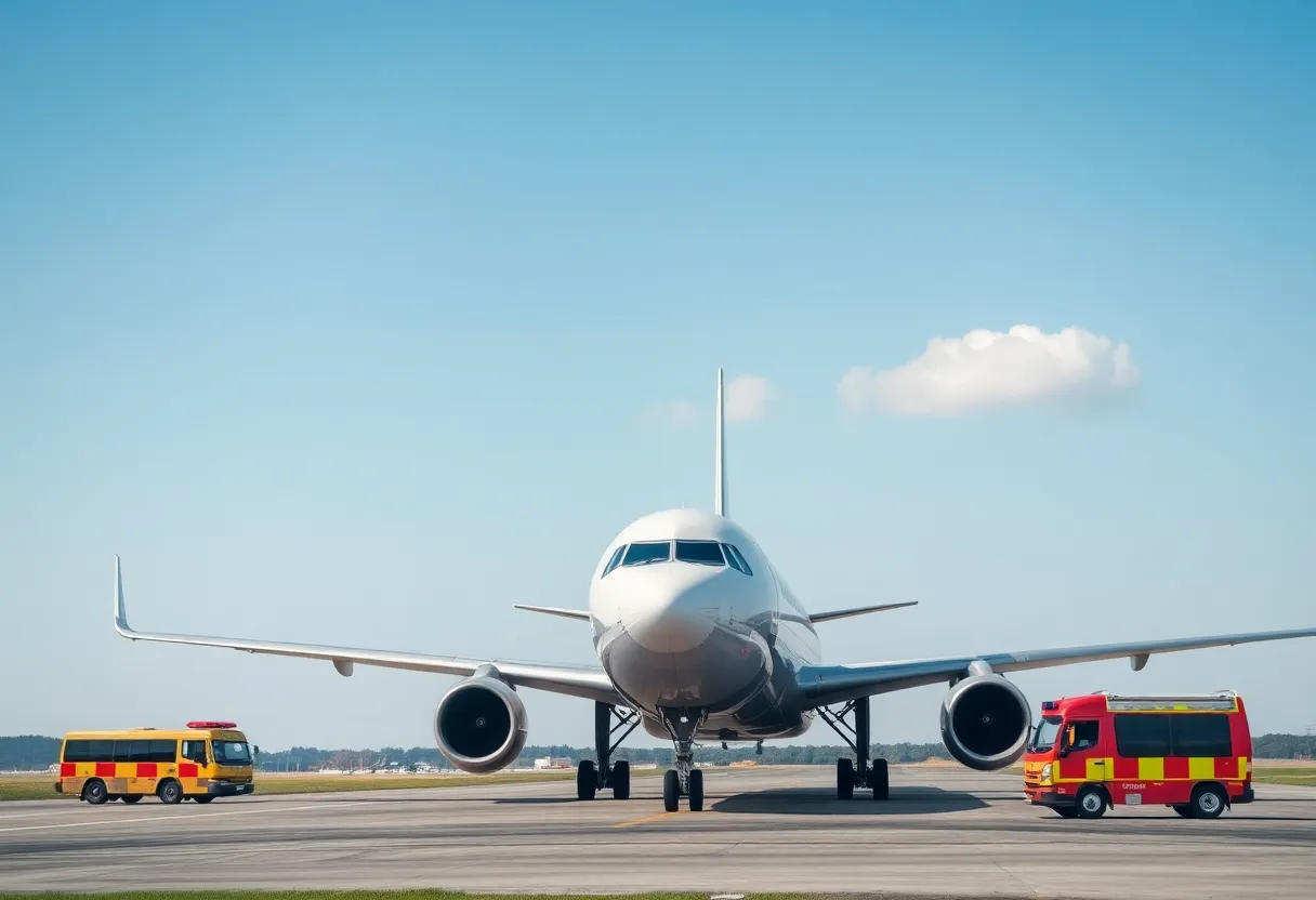 Emergency vehicles on the runway near an Allegiant Air airplane after a bomb threat incident