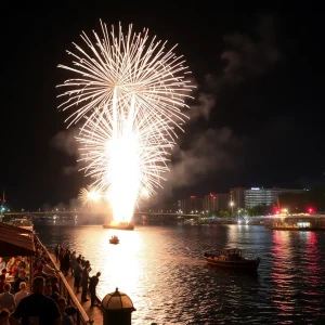 Fireworks exploding over a river during an Independence Day celebration in Northeast Florida.