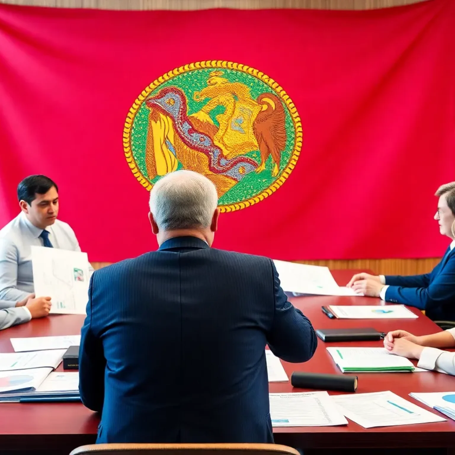 Officials discussing Florida state budget in a meeting room