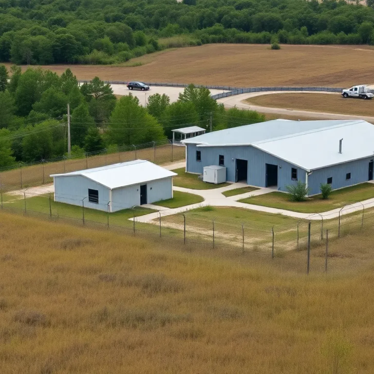 Migrant detention facility with barbed wire and surveillance