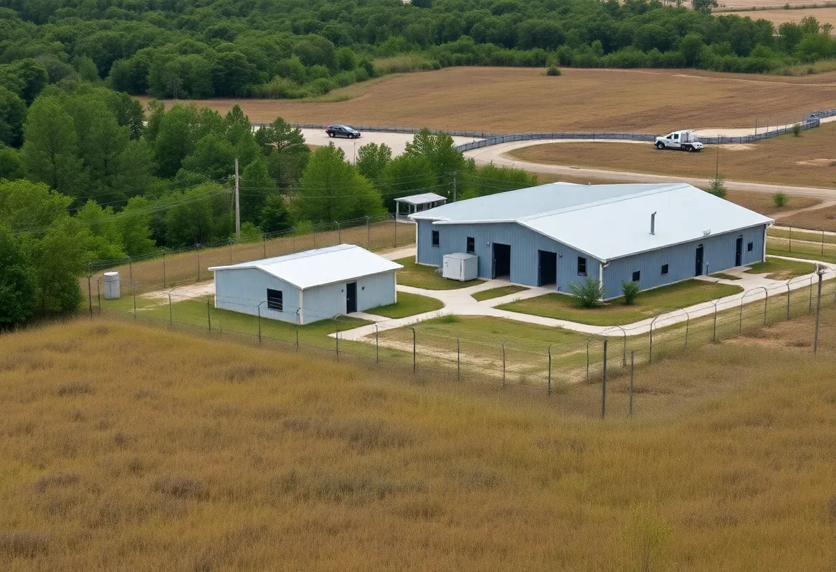 Migrant detention facility with barbed wire and surveillance