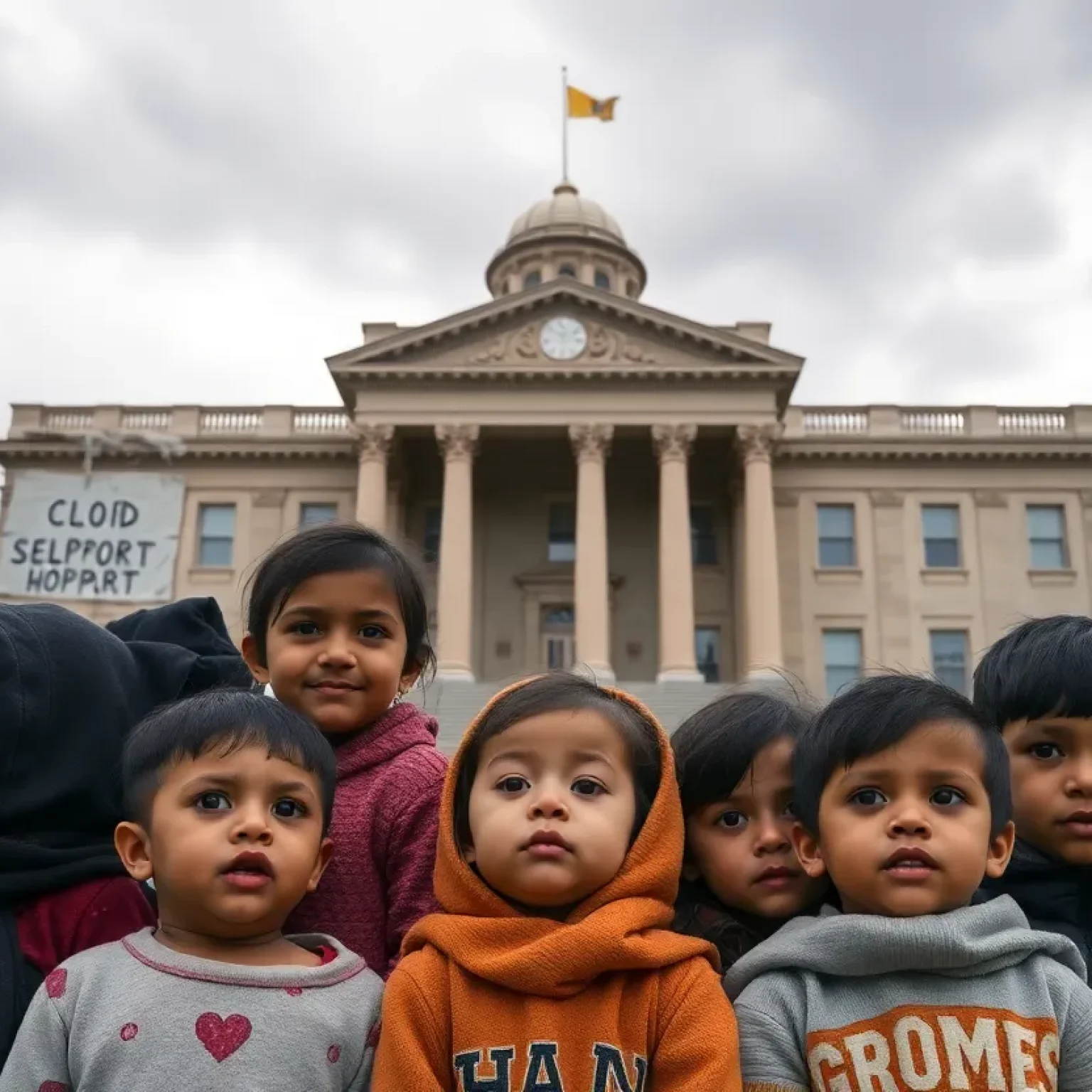 Children representing diverse backgrounds in front of a state agency building, symbolizing the intersection of child welfare and immigration.