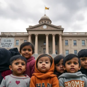 Children representing diverse backgrounds in front of a state agency building, symbolizing the intersection of child welfare and immigration.