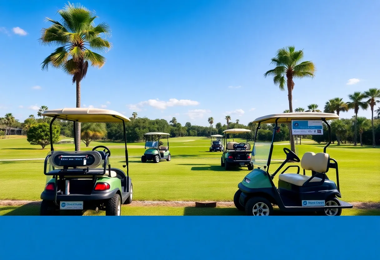 Golf carts on a Florida golf course highlighting fire safety awareness