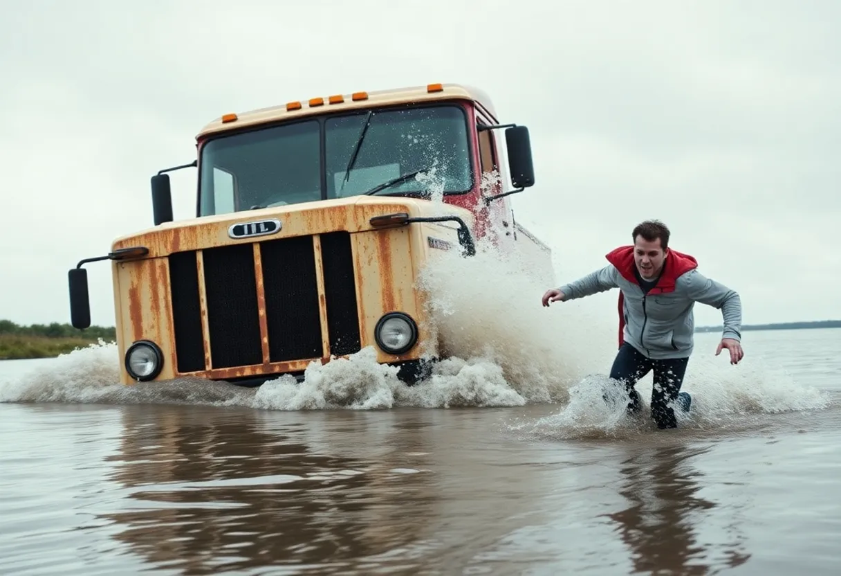 A Publix employee rescuing a co-worker from a submerged truck in a pond.