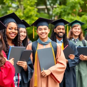 Group of students celebrating graduation with diplomas