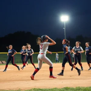 High school softball players competing in a match