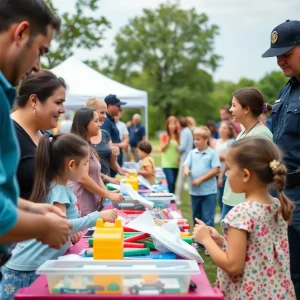 Families enjoying the Jacksonville Back-to-School Safety Fair with safety exhibits.