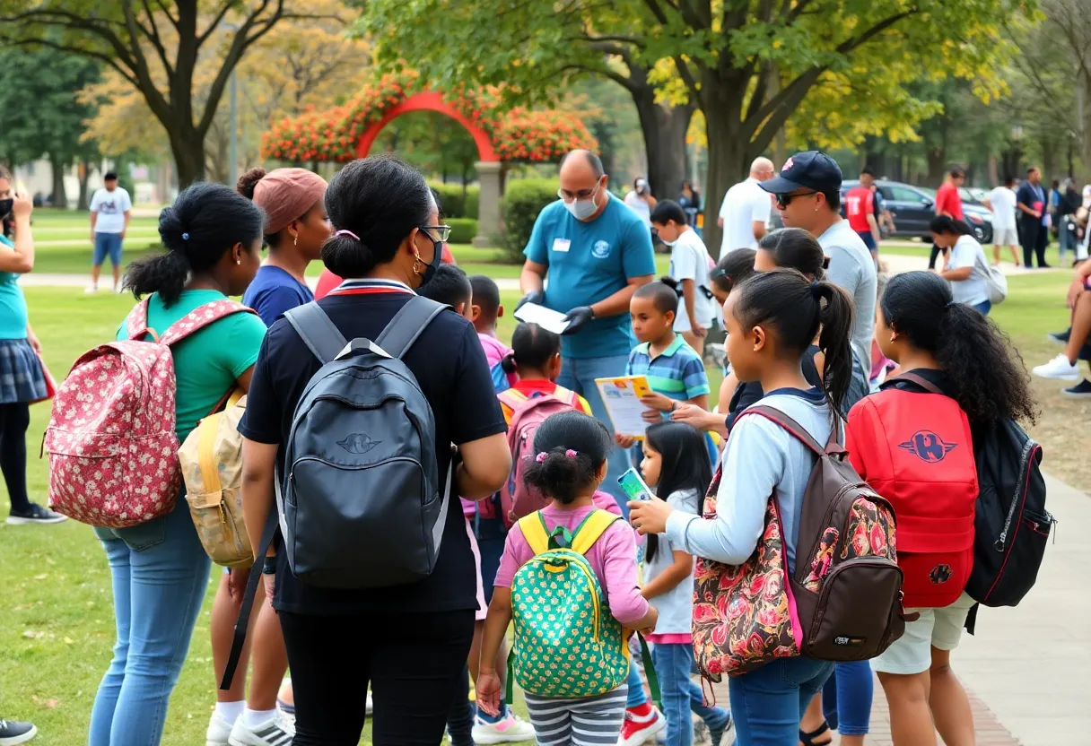Families receiving backpacks at a community giveaway event in Jacksonville.