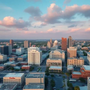 Aerial view of Jacksonville with local businesses and stock market graphs