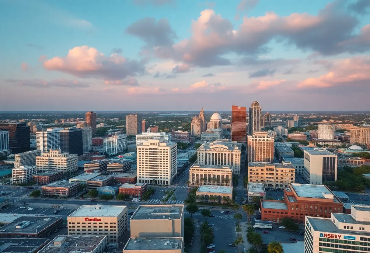 Aerial view of Jacksonville with local businesses and stock market graphs