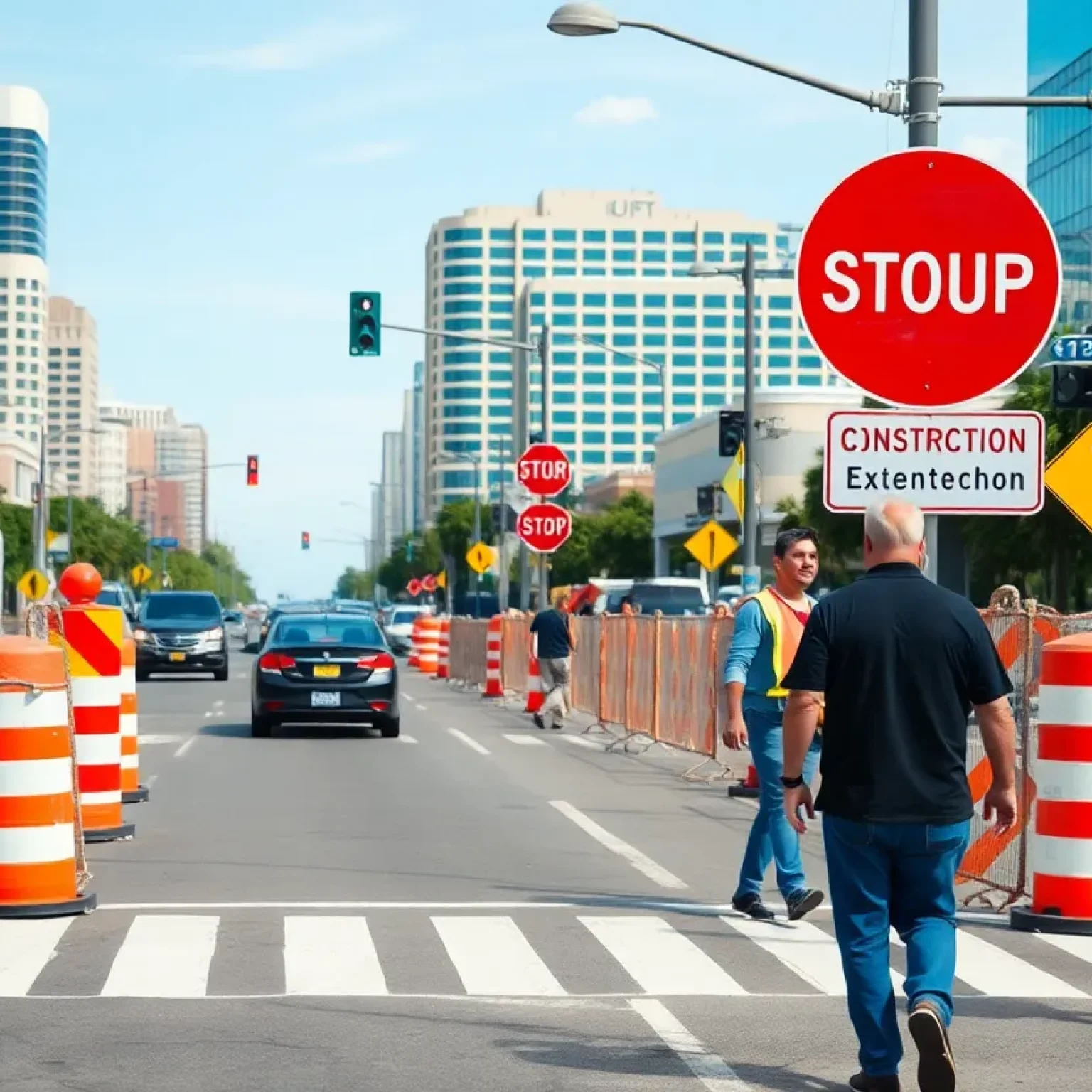 Construction site on a Jacksonville street with detour signs.