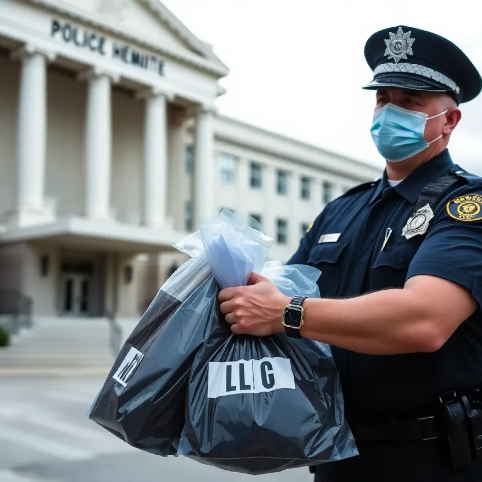 Police officer outside courthouse in Jacksonville holding evidence bags