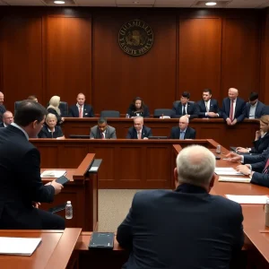 Courtroom scene in Jacksonville during a murder trial