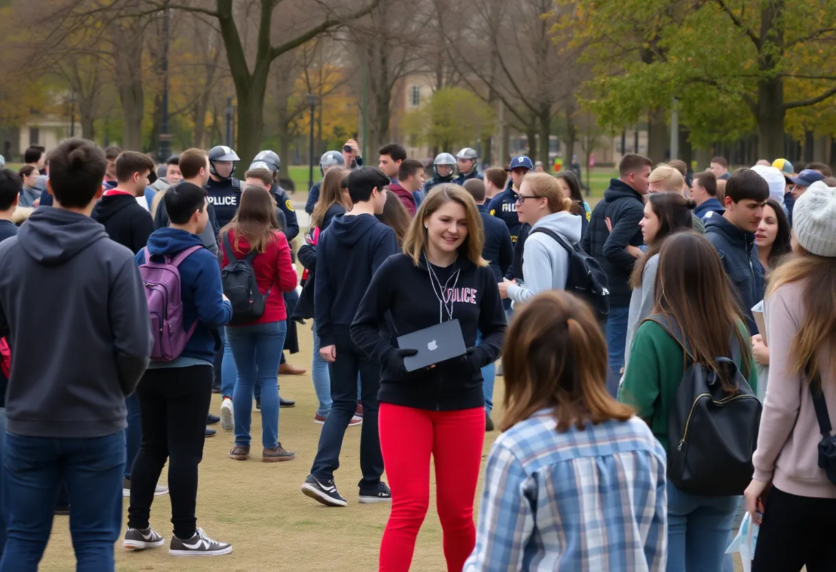 Crowd of youths gathered at Friendship Fountain with police presence.