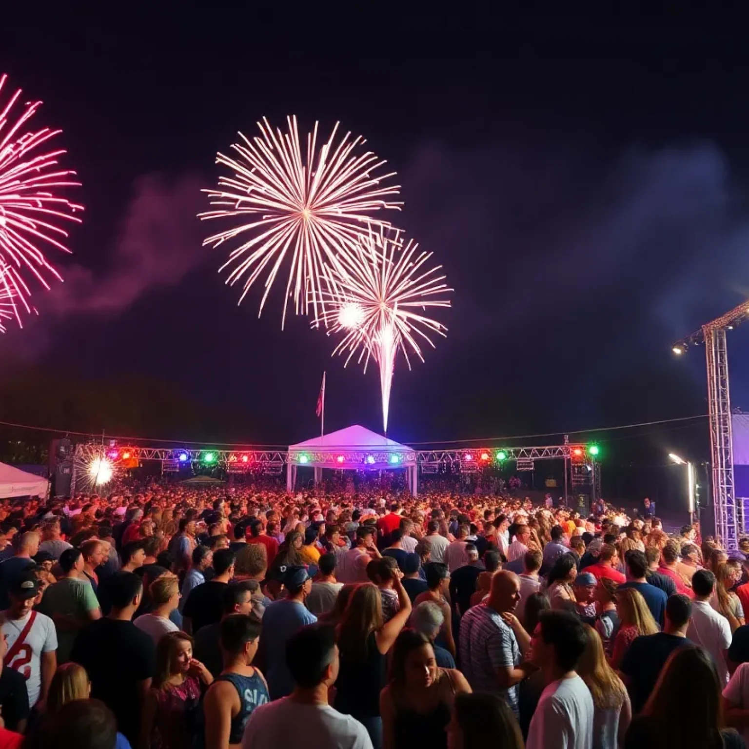 Crowd enjoying a concert in Jacksonville with fireworks in the background