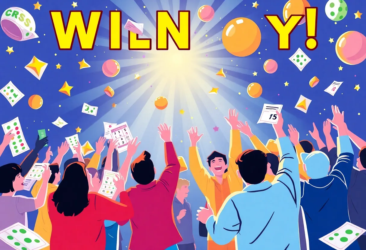 People celebrating lottery wins with cash and tickets.