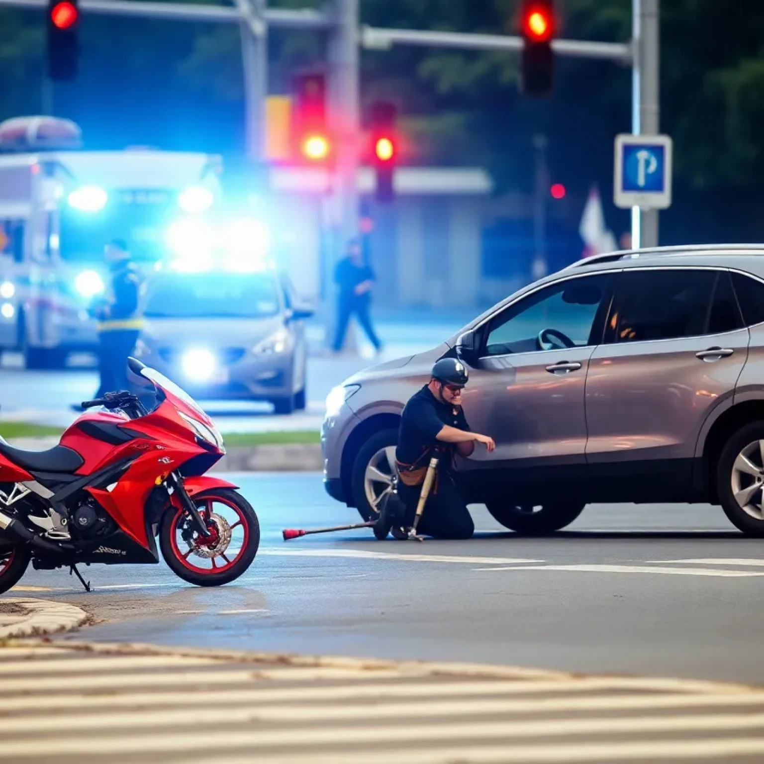 Scene of a motorcycle accident with emergency responders at the intersection