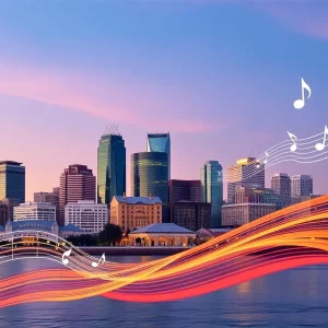 City skyline of Jacksonville with musical elements