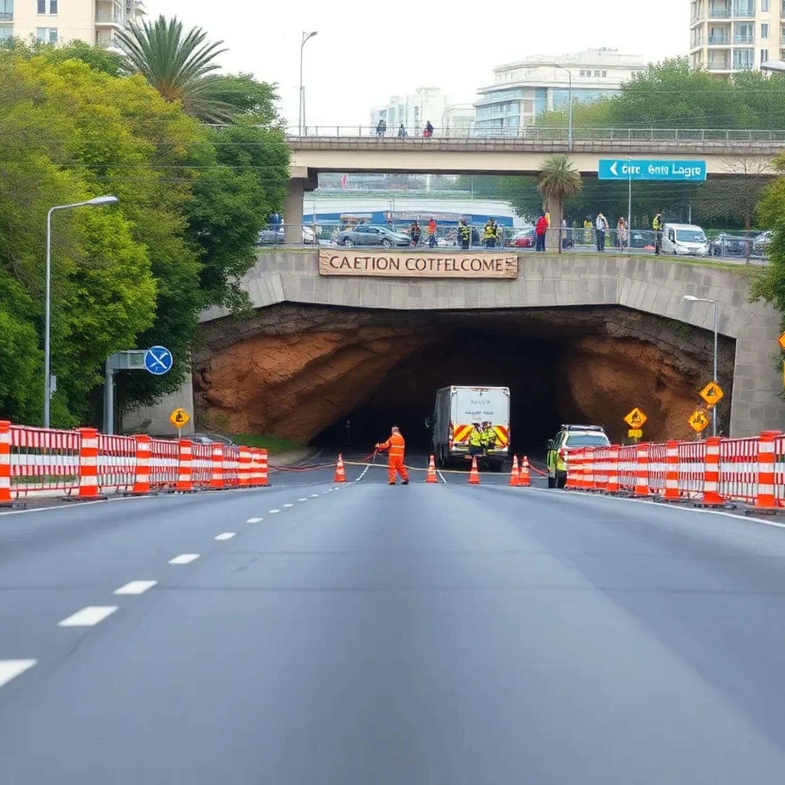 Emergency crews at the site of a road cave-in in Jacksonville