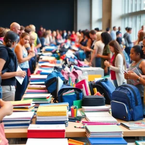 Community members donating school supplies at a drive in Jacksonville