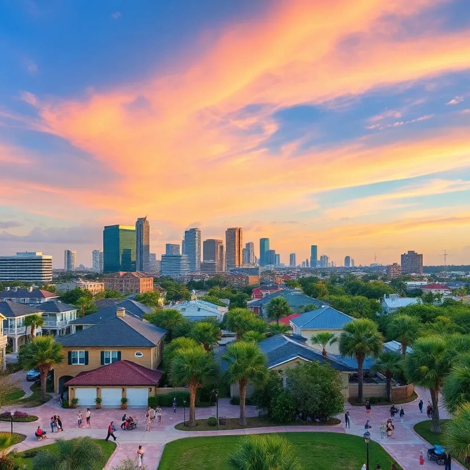A panoramic view of the Jacksonville skyline highlighting various buildings and neighborhoods.