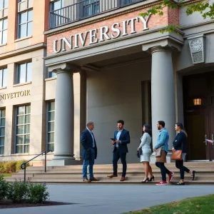 Jacksonville University building with students discussing academic changes