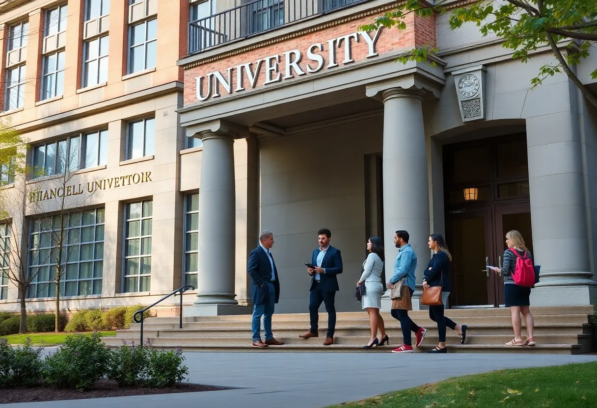 Jacksonville University building with students discussing academic changes