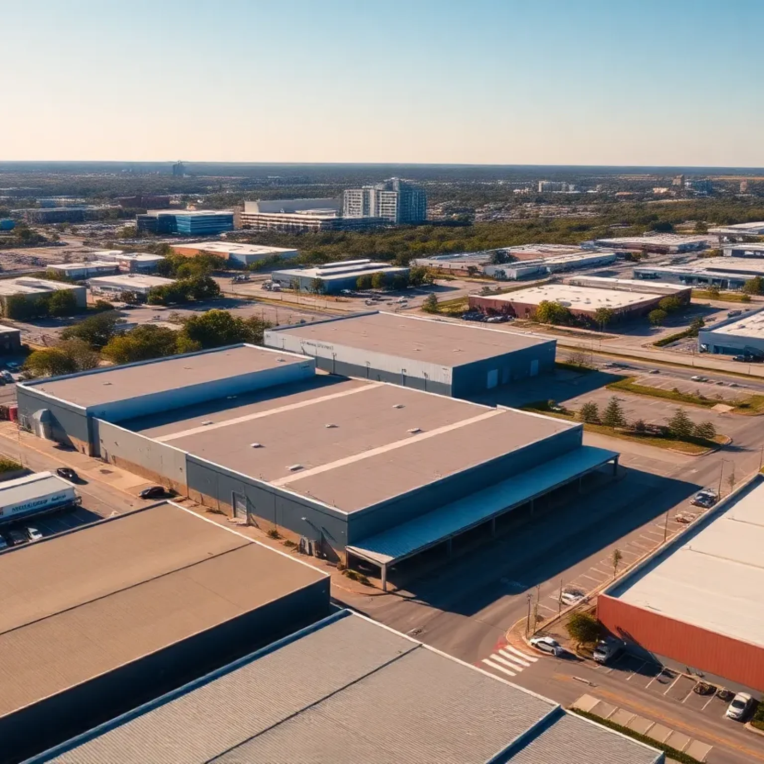 Aerial view of Jacksonville warehouses along Youngerman Circle.