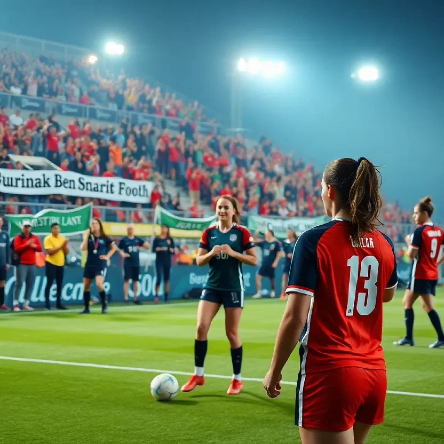 Women's soccer team practice with enthusiastic fans in the stands