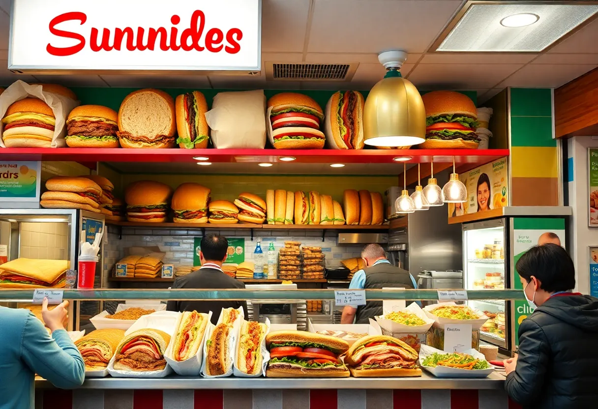A variety of colorful sandwiches displayed in a vibrant deli