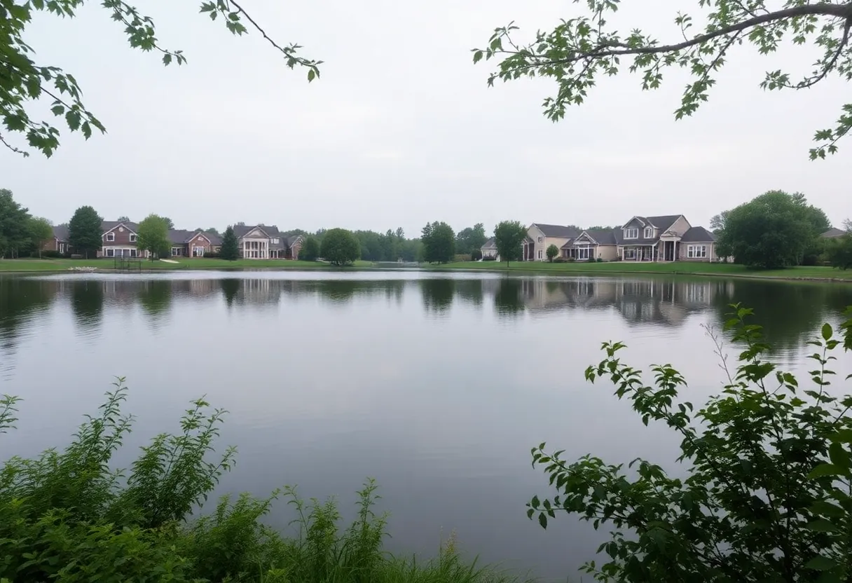 A peaceful lake surrounded by greenery in a community, symbolizing grief.