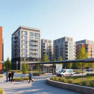 Rendering of a mixed-use development with residential units and commercial spaces near a transit station