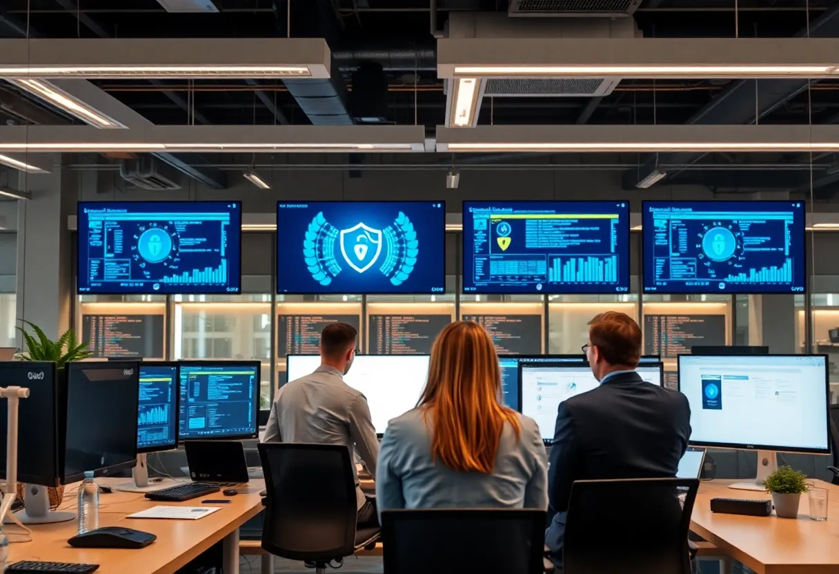 Office setting showcasing cybersecurity measures and professional discussions