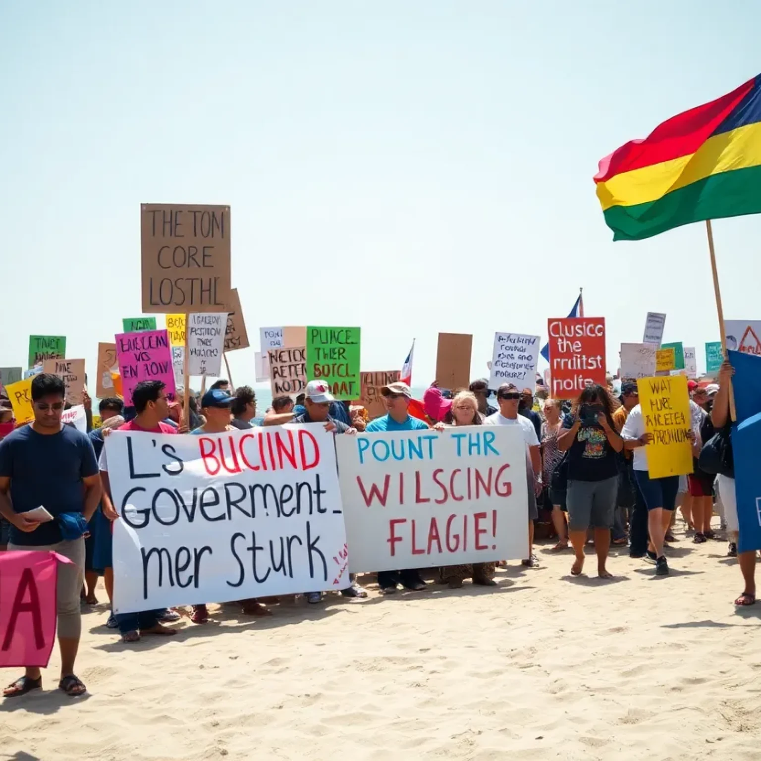 Crowd of demonstrators holding signs at South Florida beach protest