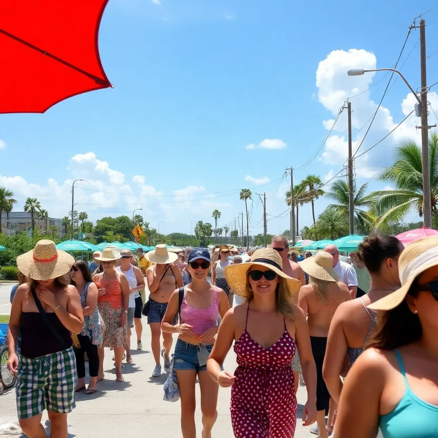 Hot summer day in Northeast Florida with people wearing sun protection.