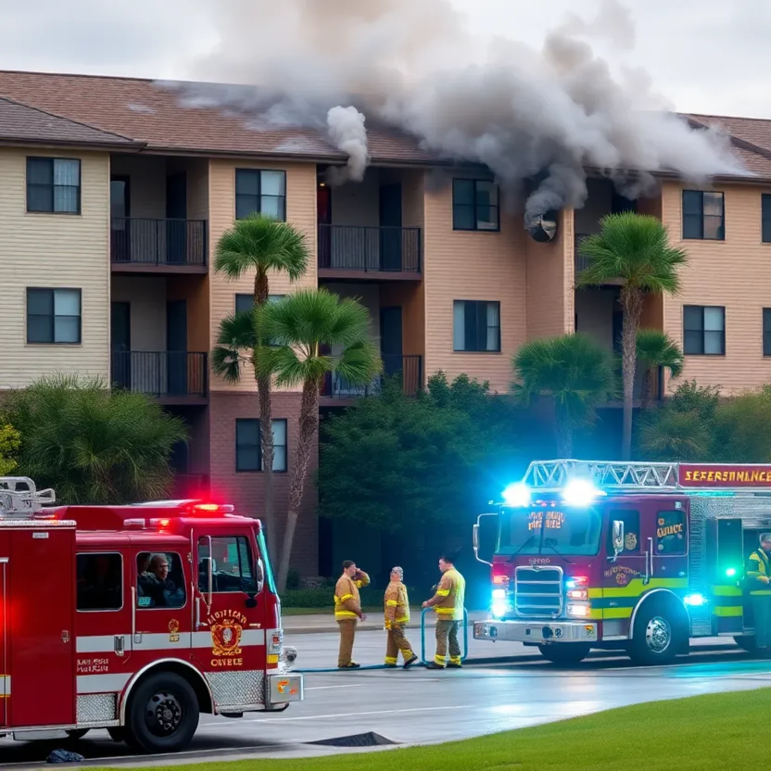 Firefighters responding to a fire at Red Bay Apartments in Jacksonville.