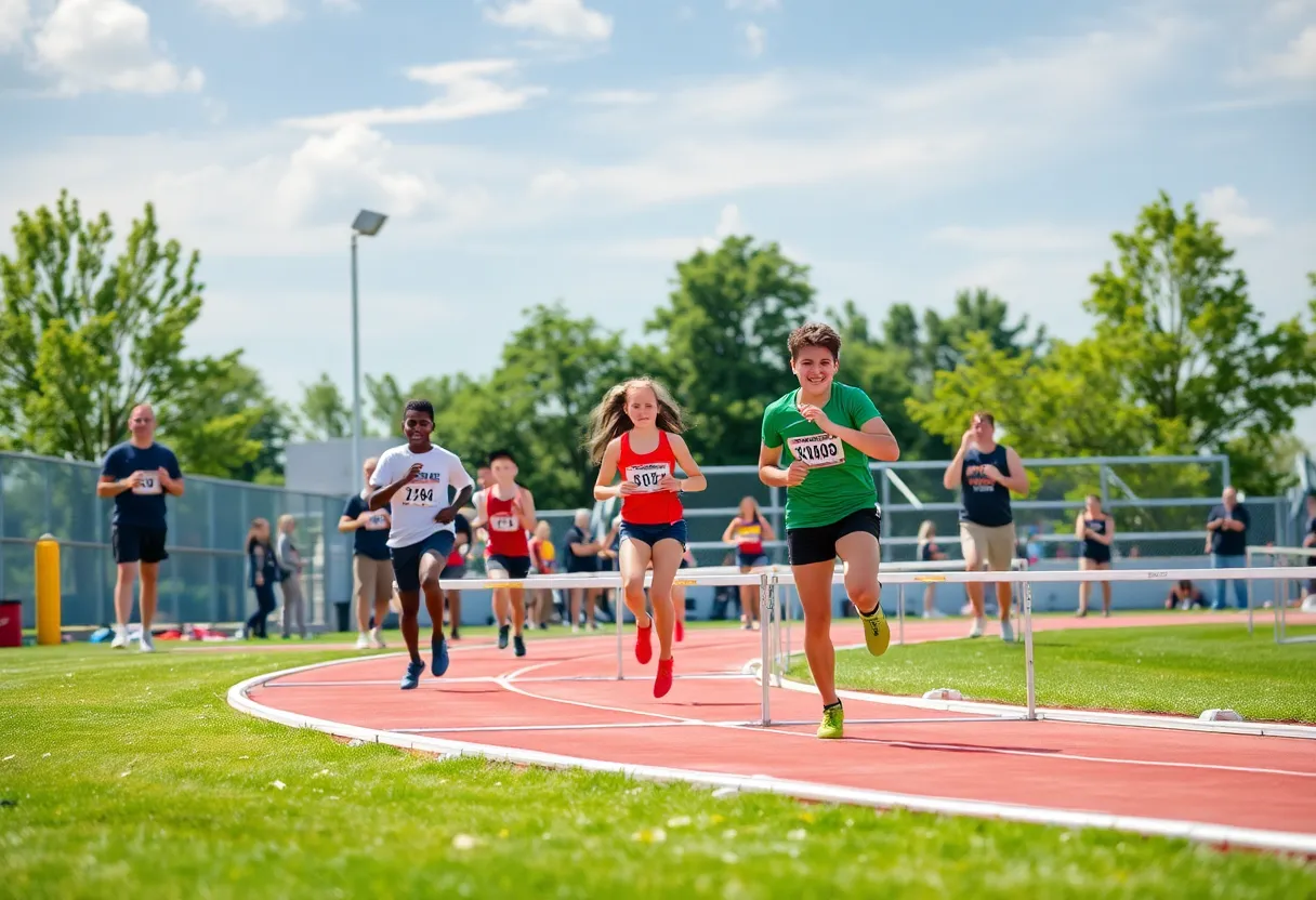 High school girls track and field athletes competing in a relay race.