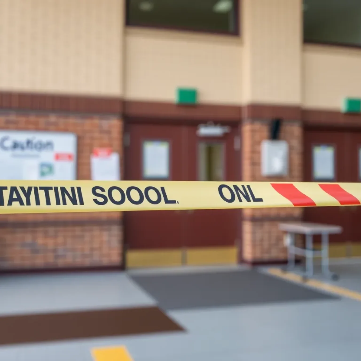 A school building surrounded by caution tape indicating a recent incident.