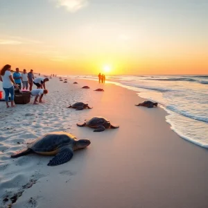 Nesting sea turtles on a beach with conservation volunteers