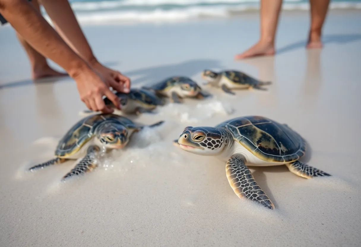 Nineteen sea turtles swimming into the Atlantic Ocean