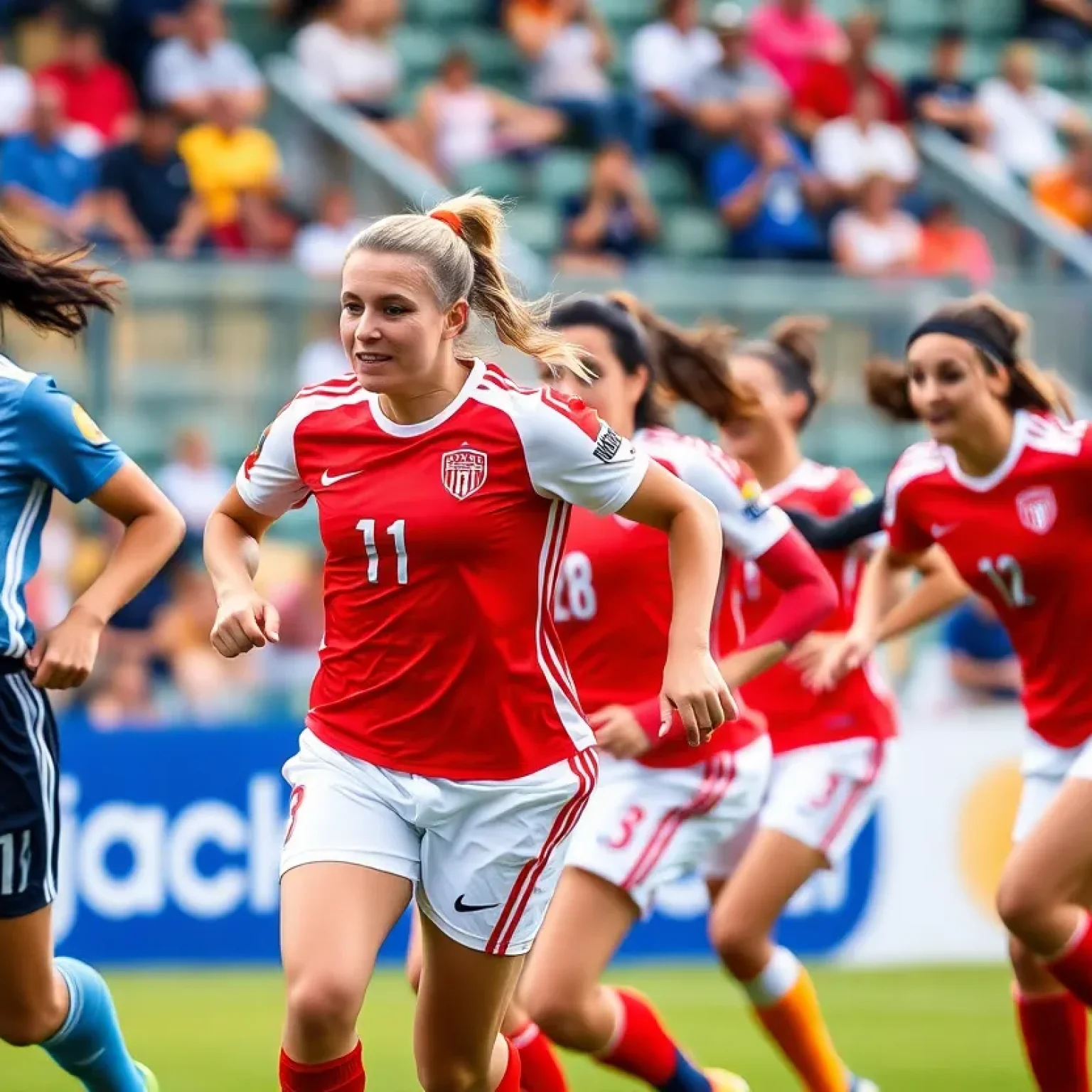 Diverse female soccer players competing during a match