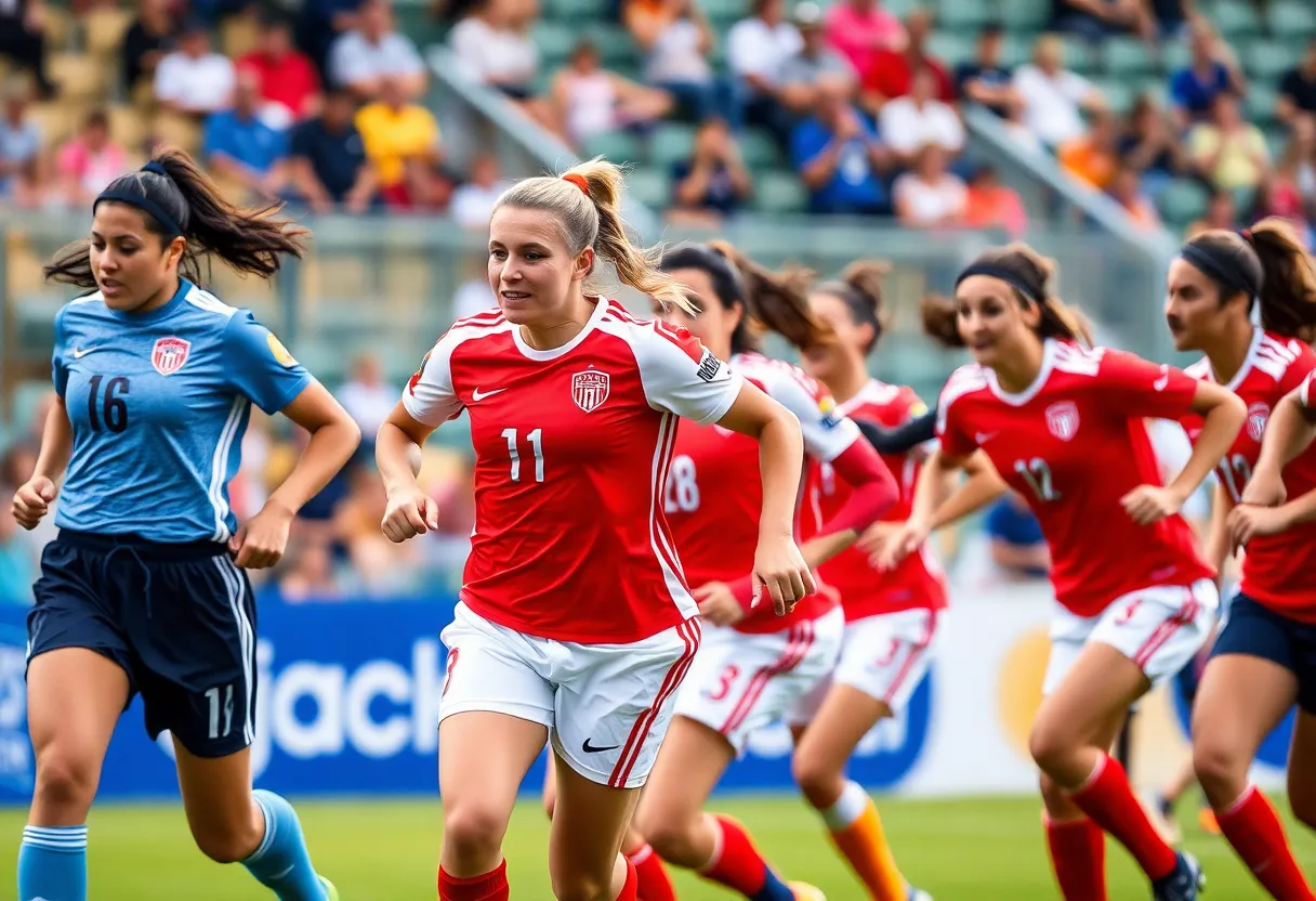 Diverse female soccer players competing during a match