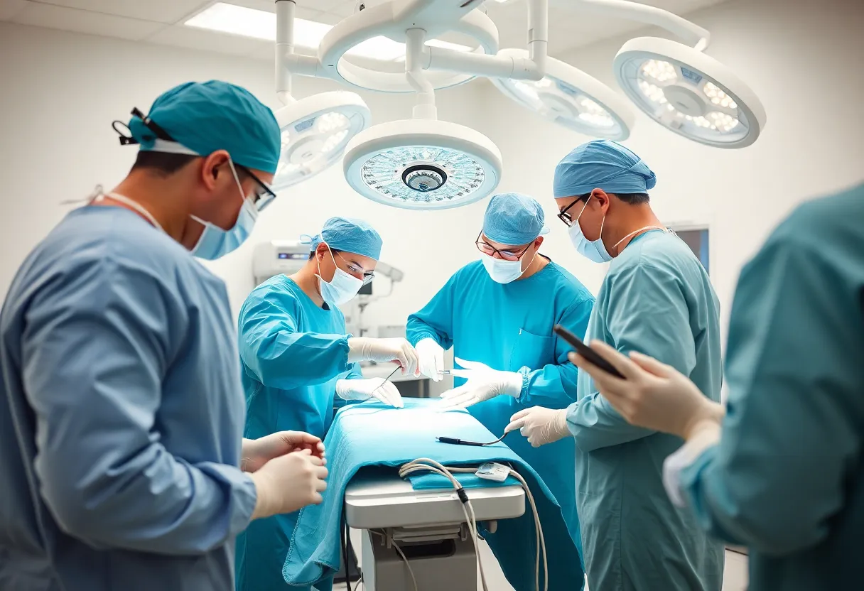 Surgical team collaborating in an advanced surgical room