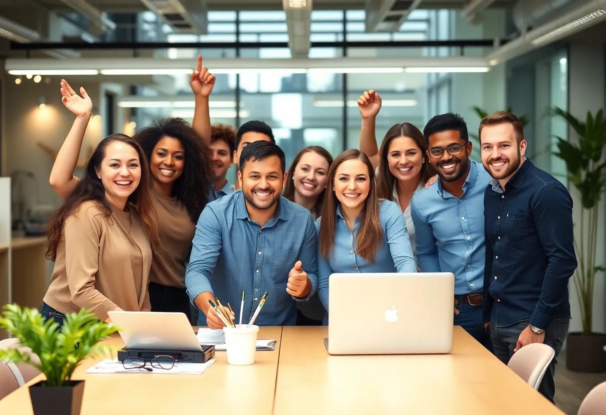 Employees celebrating in a modern office setting for Top Workplaces recognition.