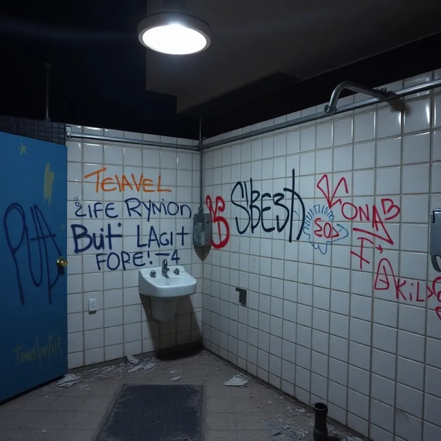 Public restroom with graffiti and vandalism