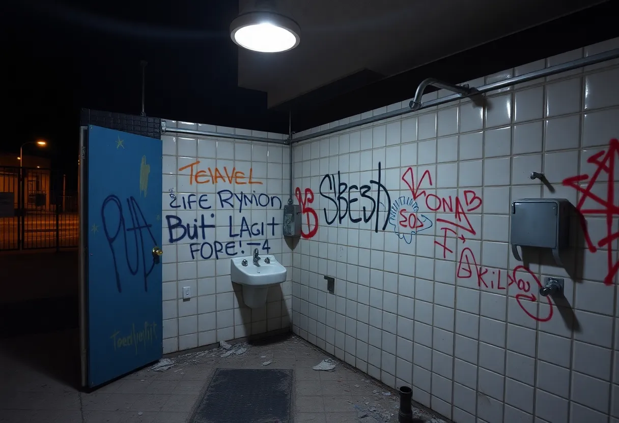 Public restroom with graffiti and vandalism